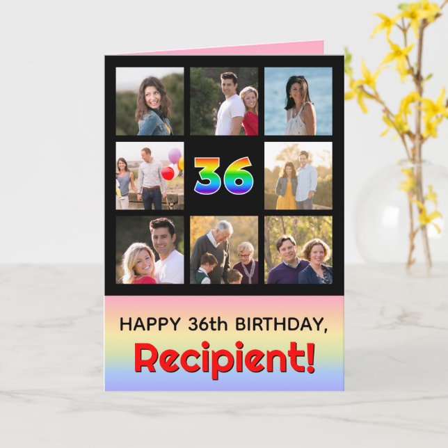 36th Birthday: Fun Rainbow #, Custom Photos + Name Card (Yellow Flower)