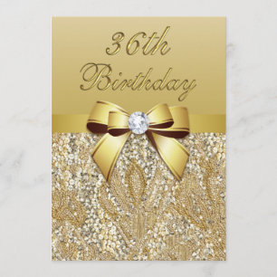 36th Birthday Gold Faux Sequins and Bow Invitation
