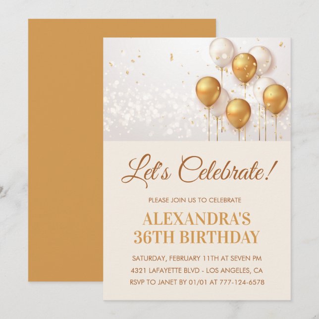 36th birthday invitations Gold Balloons  (Front/Back)