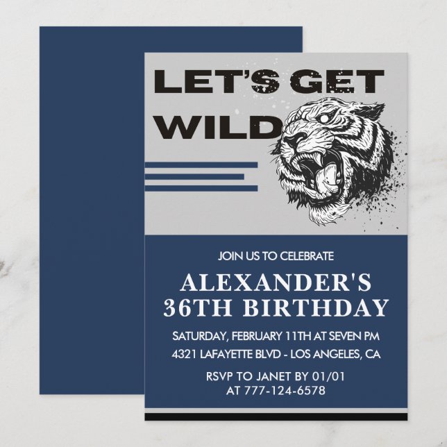 36th birthday invitations Men Tiger Let's Get Wild (Front/Back)