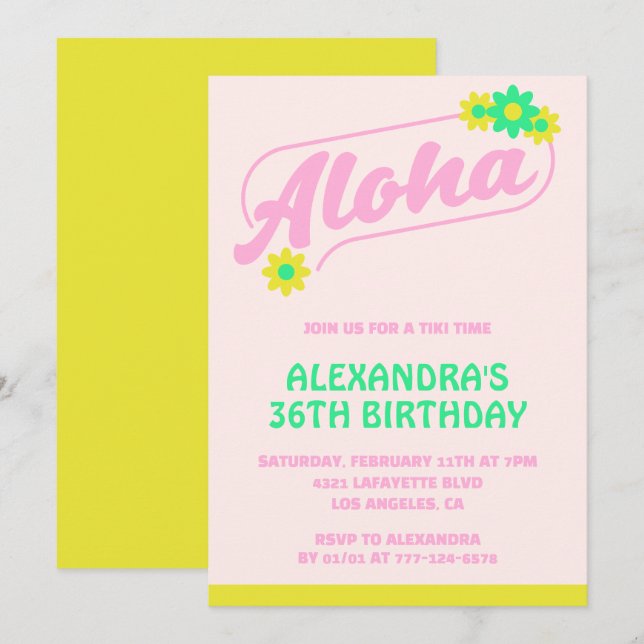 36th birthday invitations Tropical Aloha Pink (Front/Back)