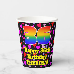 36th Birthday: Loving Hearts Pattern, Rainbow 36 Paper Cups