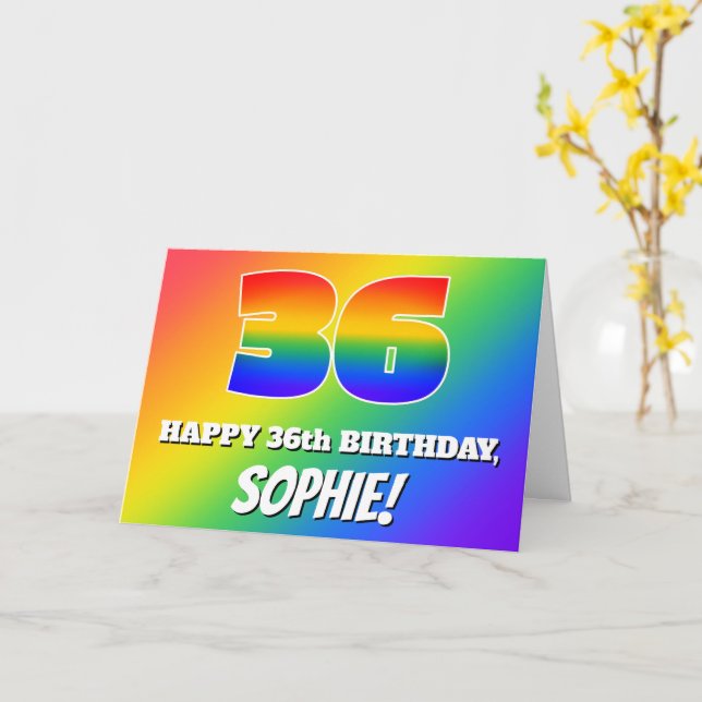 36th Birthday: Multicolored Rainbow Pattern # 36 Card (Yellow Flower)