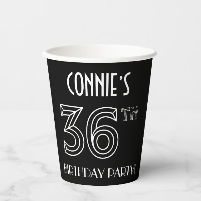 36th Birthday Party: Art Deco Style + Custom Name Paper Cups (Front)