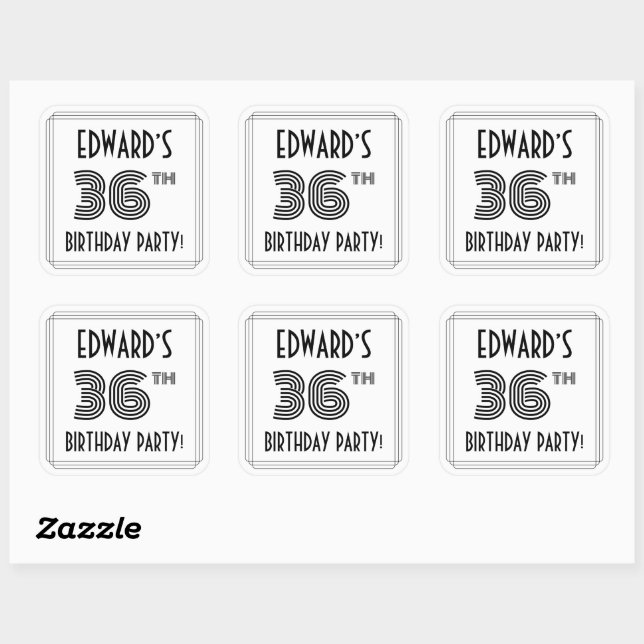 36th Birthday Party: Art Deco Style + Custom Name Square Sticker (Sheet)