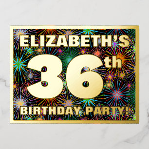 36th Birthday Party: Bold, Colourful Fireworks Loo Foil Invitation Postcard