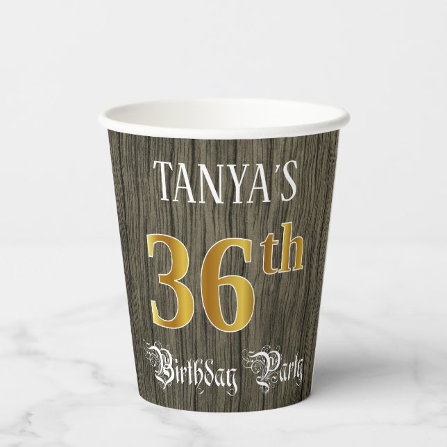 36th Birthday Party — Faux Gold & Faux Wood Looks Paper Cups (Back)