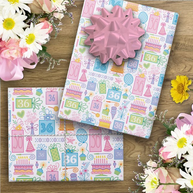 36th Birthday Pink Cake Presents Balloons  Wrapping Paper Sheet (Creator Uploaded)