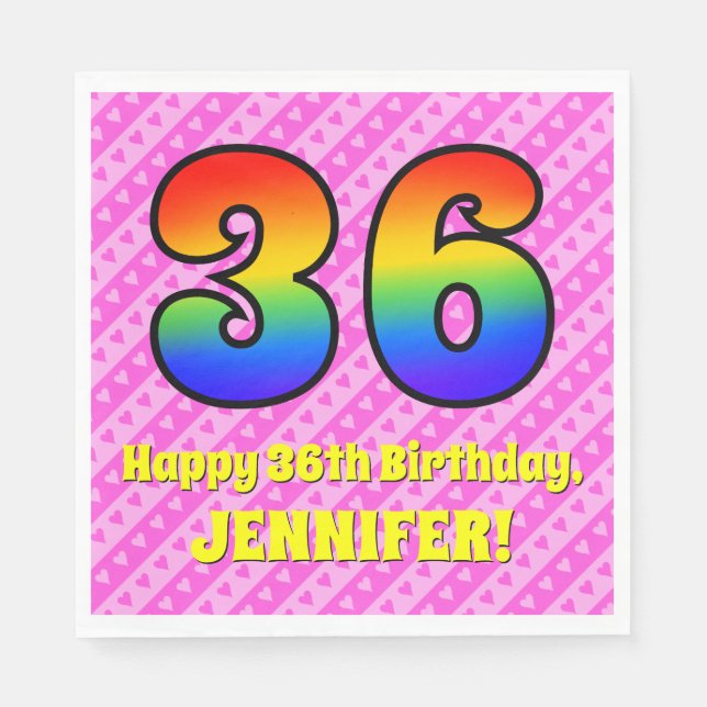 36th Birthday: Pink Stripes & Hearts, Rainbow # 36 Napkin (Front)