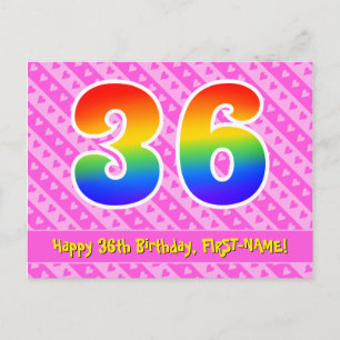 36th Birthday: Pink Stripes & Hearts, Rainbow 36 Postcard