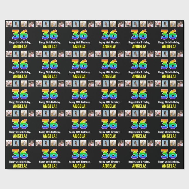 36th Birthday: Rainbow “36“; Custom Photos & Name Wrapping Paper (Seam)