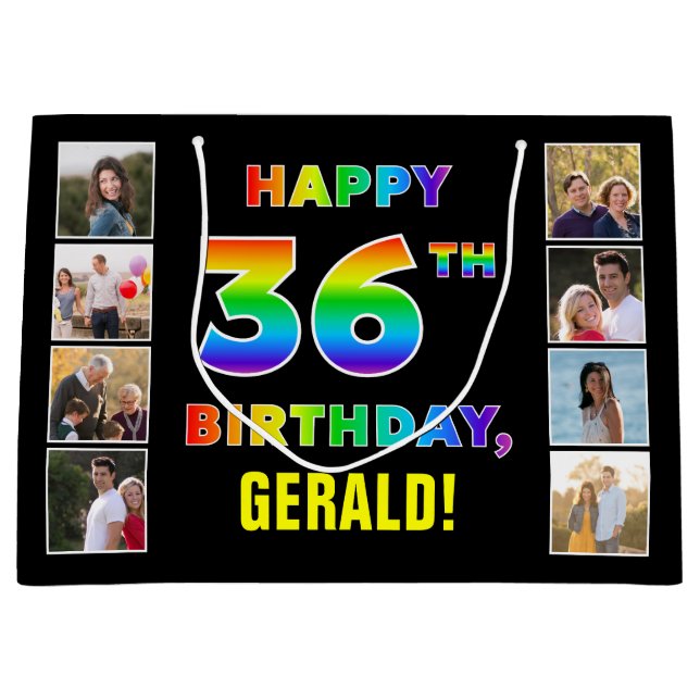36th Birthday: Rainbow Text, Custom Photos & Name Large Gift Bag (Front)