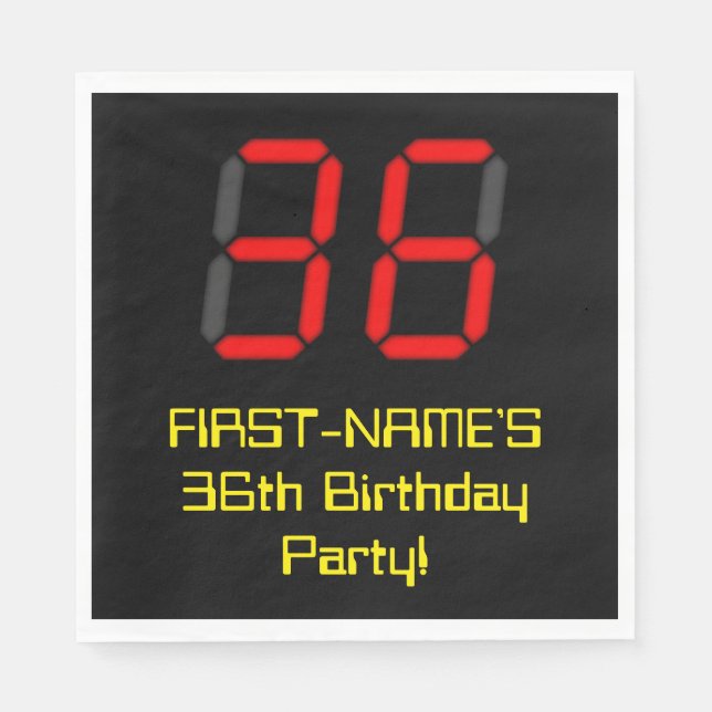 36th Birthday: Red Digital Clock Style "36" + Name Napkin (Front)