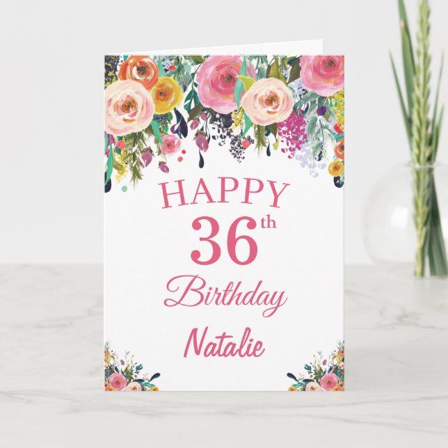 36th Birthday Watercolor Floral Flowers Pink Card (Front)