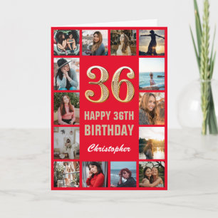 36th Happy Birthday Red and Gold Photo Collage Card
