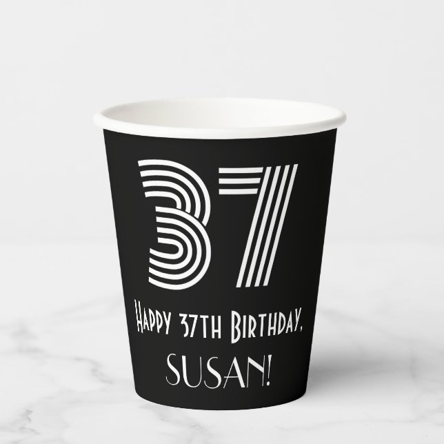 37th Birthday — Art Deco Inspired Look “37” + Name Paper Cups (Front)