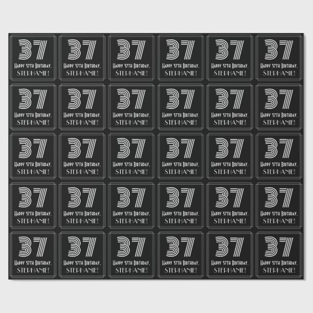 37th Birthday: Art Deco Inspired Look "37" w/ Name Wrapping Paper (Flat)