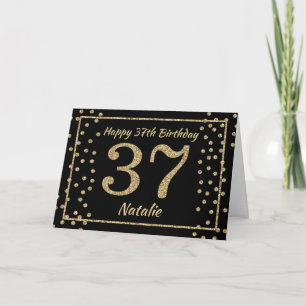 37th Birthday Black and Gold Glitter Confetti Card