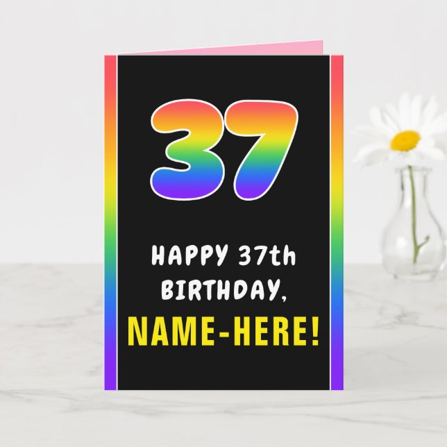 37th Birthday: Colorful Rainbow # 37, Custom Name Card (Small Plant)