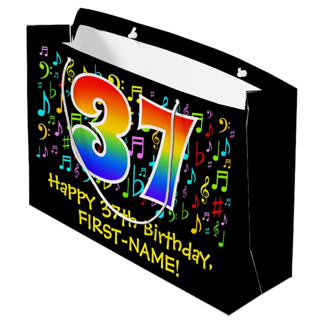 37th Birthday - Colourful Music Symbols, Rainbow 3 Large Gift Bag (Back Angled)