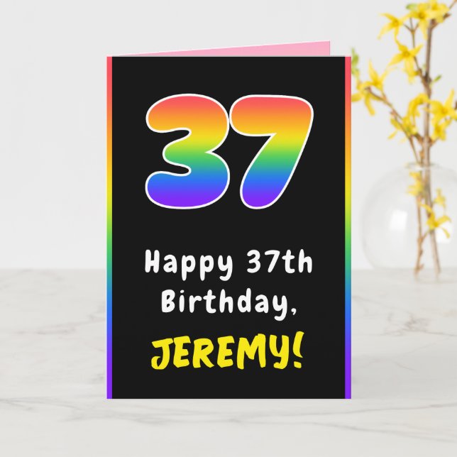 37th Birthday: Colourful Rainbow # 37, Custom Name Card (Yellow Flower)