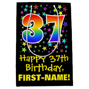 37th Birthday: Colourful Stars Pattern & Rainbow 3 Medium Gift Bag