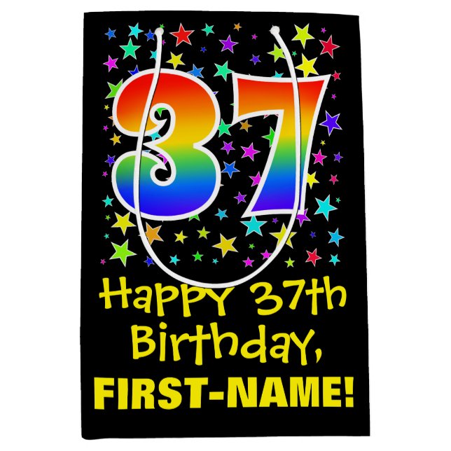 37th Birthday: Colourful Stars Pattern & Rainbow 3 Medium Gift Bag (Front)