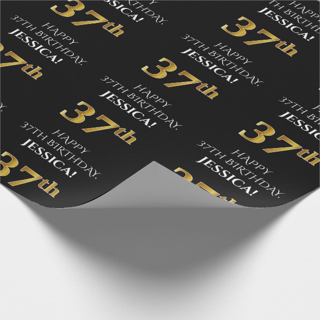 37th Birthday: Elegant, Black, Faux Gold Look Wrapping Paper (Corner)