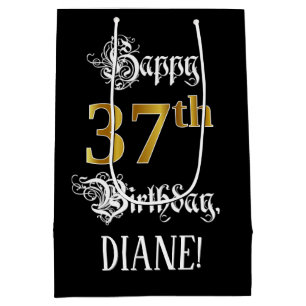 37th Birthday ~ Fancy Script; Faux Gold Look; Name Medium Gift Bag
