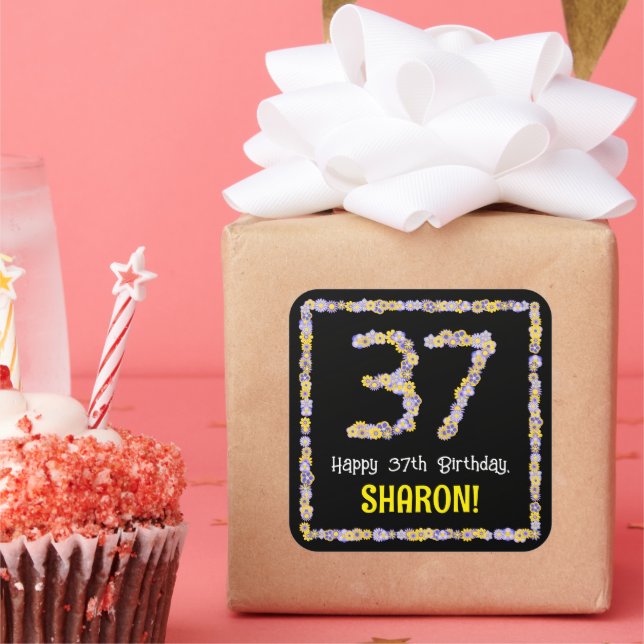 37th Birthday: Floral Flowers Number, Custom Name Square Sticker (Party)