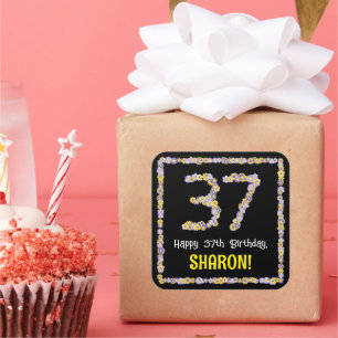 37th Birthday: Floral Flowers Number, Custom Name Square Sticker