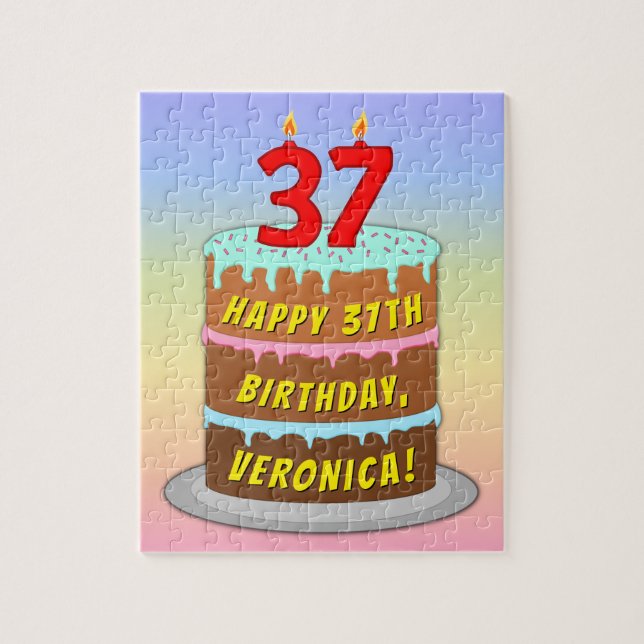 37th Birthday: Fun Cake and Candles + Custom Name Jigsaw Puzzle (Vertical)