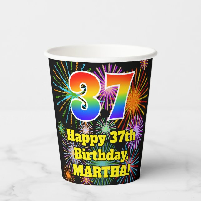 37th Birthday: Fun Fireworks Pattern + Rainbow 37 Paper Cups (Back)