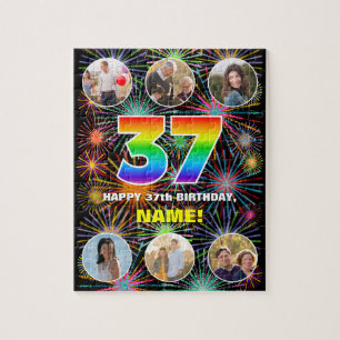 37th Birthday: Fun Rainbow #, Custom Name + Photos Jigsaw Puzzle