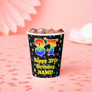37th Birthday: Fun Stars Pattern and Rainbow 37 Paper Cups