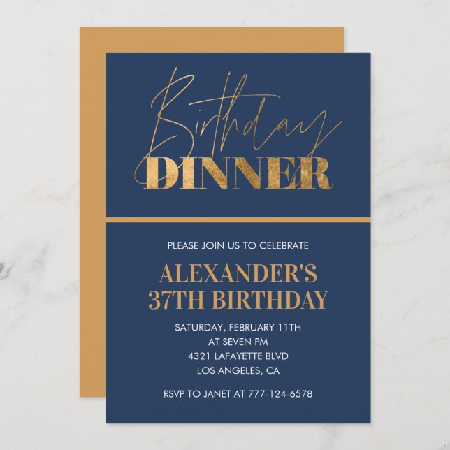 37th birthday invitation Birthday Dinner Gold Navy (Front/Back)