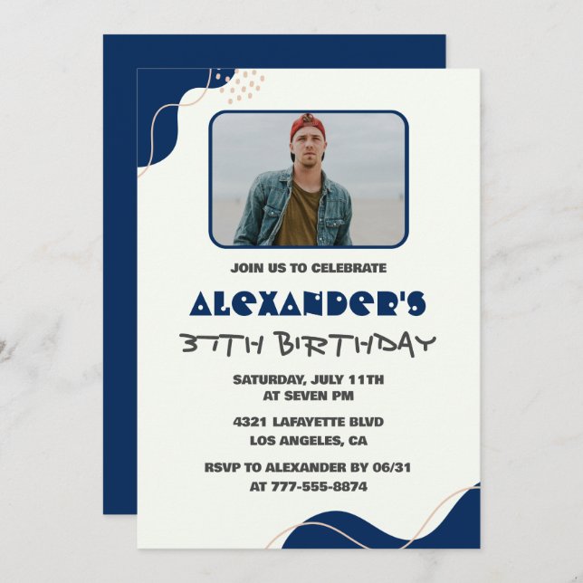 37th birthday invitations Men Navy Simple Photo (Front/Back)