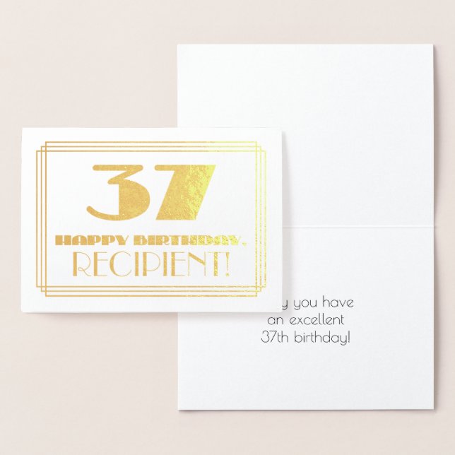37th Birthday; Name + Art Deco Inspired Look "37" Foil Card (Display)