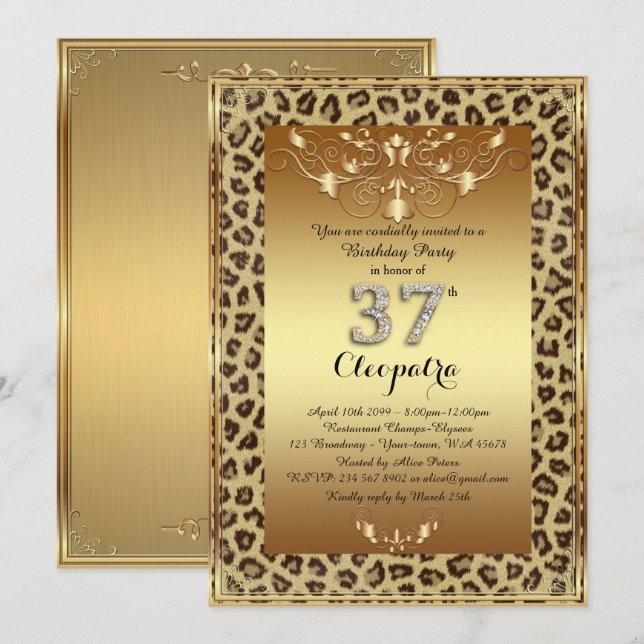37th, Birthday Party 37th, Royal Cheetah gold plus Invitation (Front/Back)