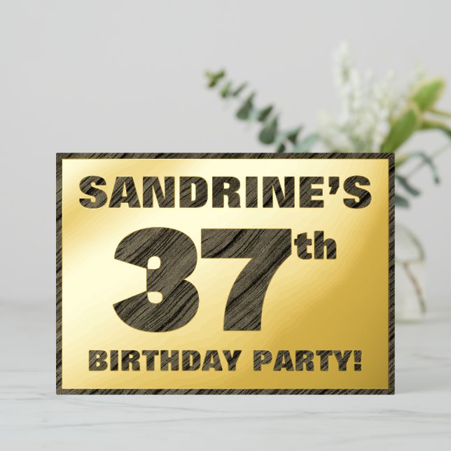 37th Birthday Party — Bold, Faux Wood Grain Text (Standing Front)