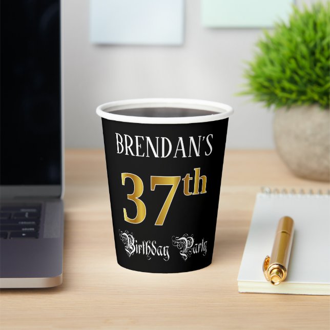 37th Birthday Party — Fancy Script, Faux Gold Look Paper Cups (Insitu)