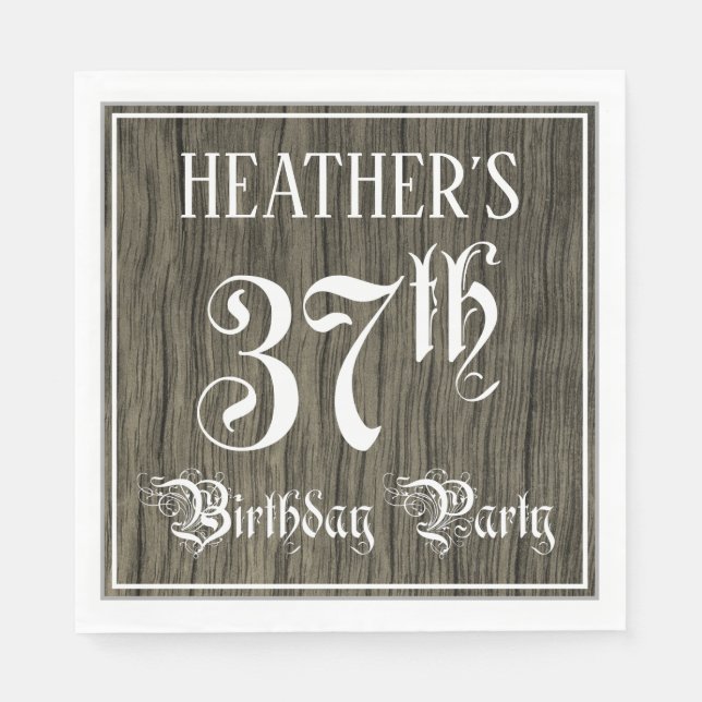 37th Birthday Party — Fancy Script, Faux Wood Look Napkin (Front)