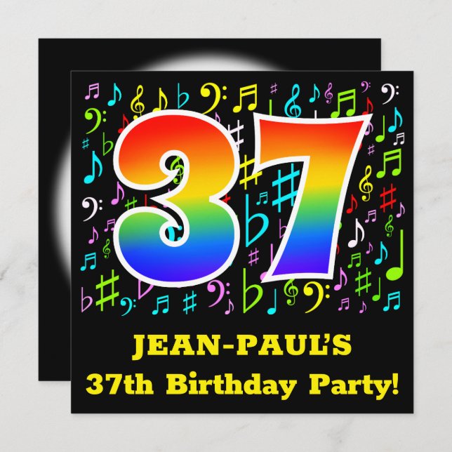 37th Birthday Party: Fun Music Symbols, Rainbow 37 Invitation (Front/Back)
