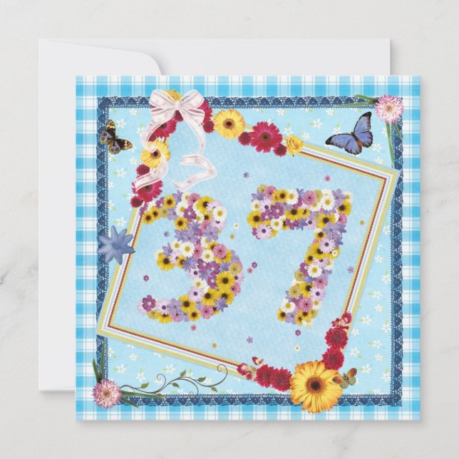 37th Birthday party Invitation flowers,butterflies (Front)