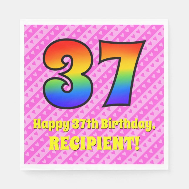 37th Birthday: Pink Stripes & Hearts, Rainbow # 37 Napkin (Front)
