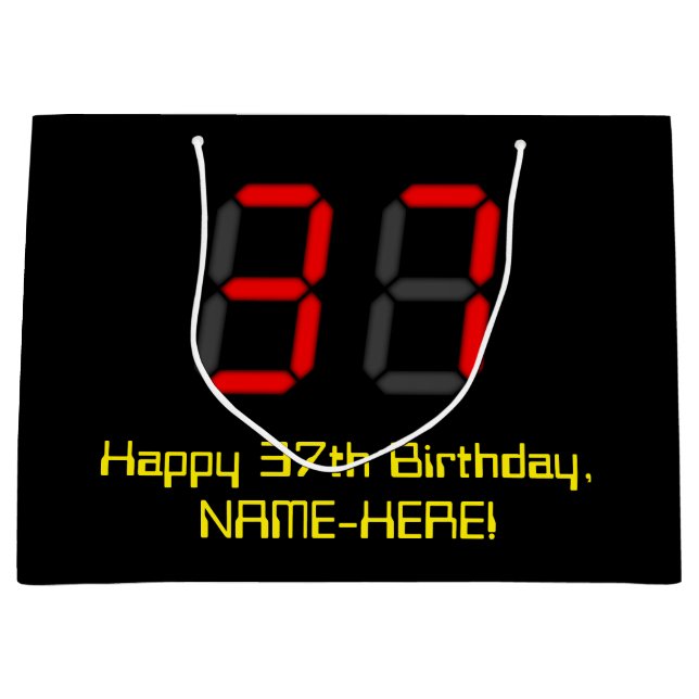 37th Birthday: Red Digital Clock Style "37" + Name Large Gift Bag (Front)