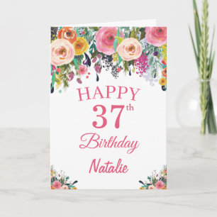 37th Birthday Watercolor Floral Flowers Pink Card