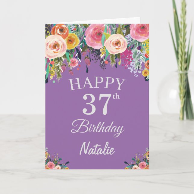 37th Birthday Watercolor Floral Flowers Purple Card (Front)