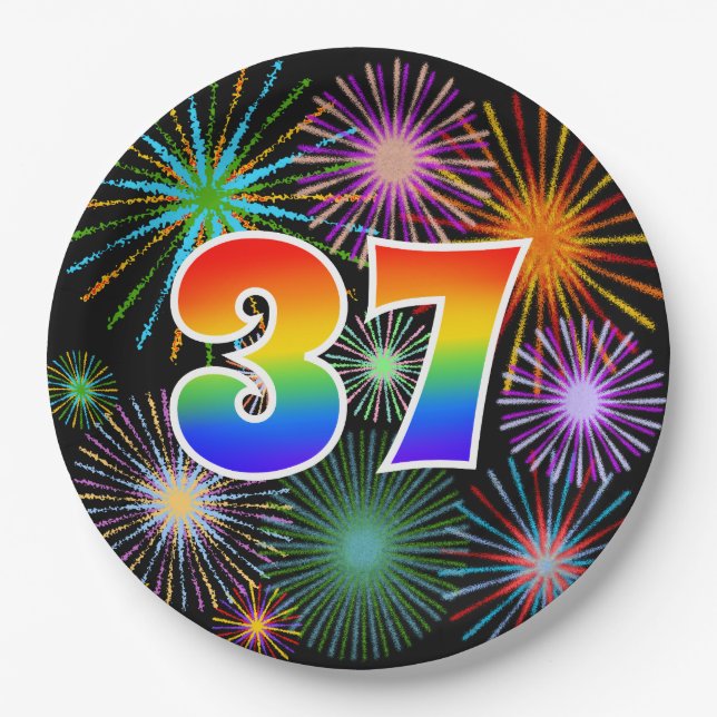 37th Event - Fun, Colourful, Bold, Rainbow 37 Paper Plate (Front)