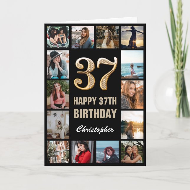 37th Happy Birthday Black and Gold Photo Collage Card (Front)